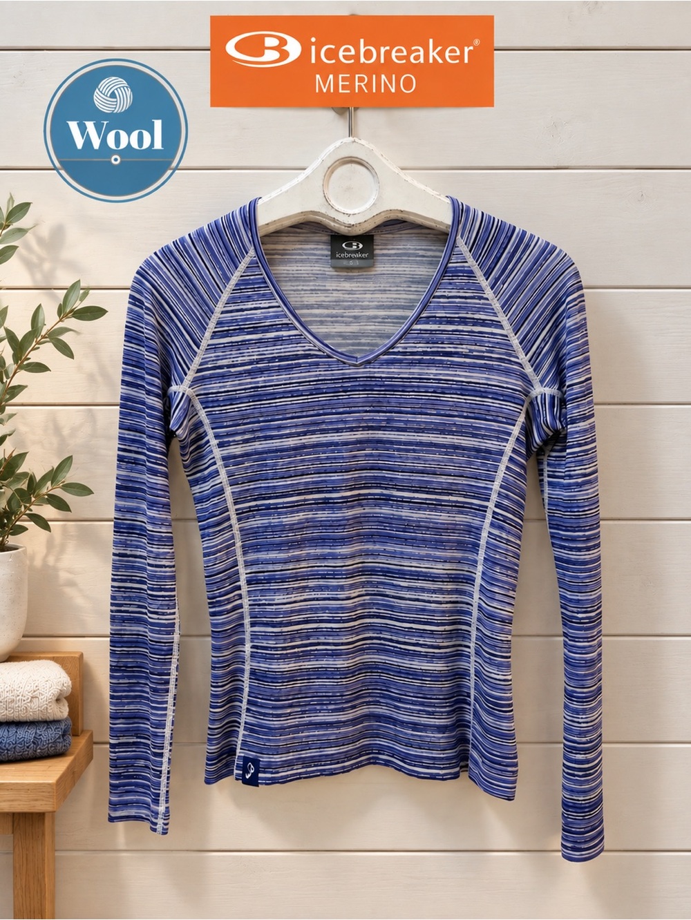 ICEBREAKER Blue Striped Merino Long Sleeve Top Size M